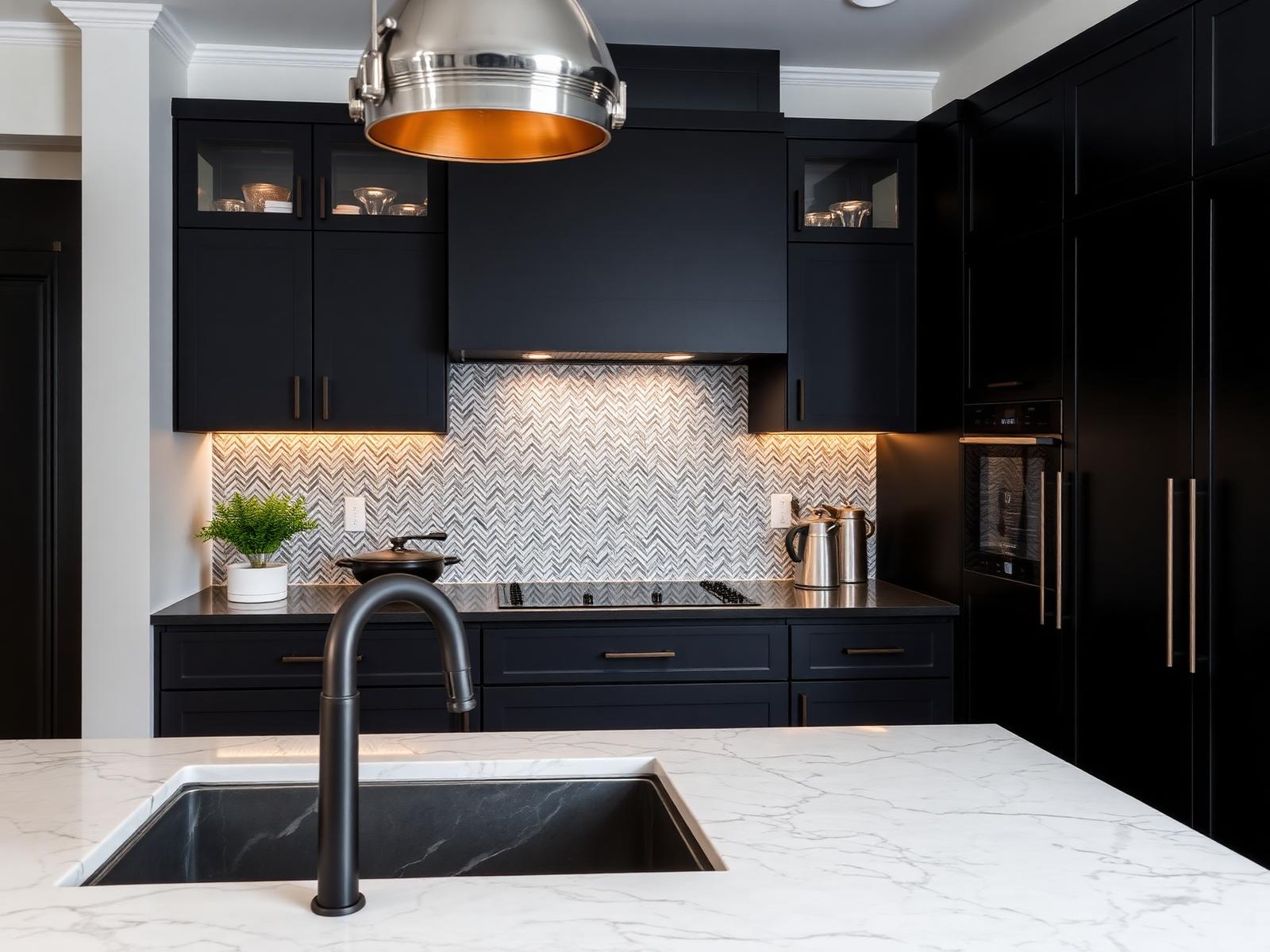 Herringbone marble backsplash detail.