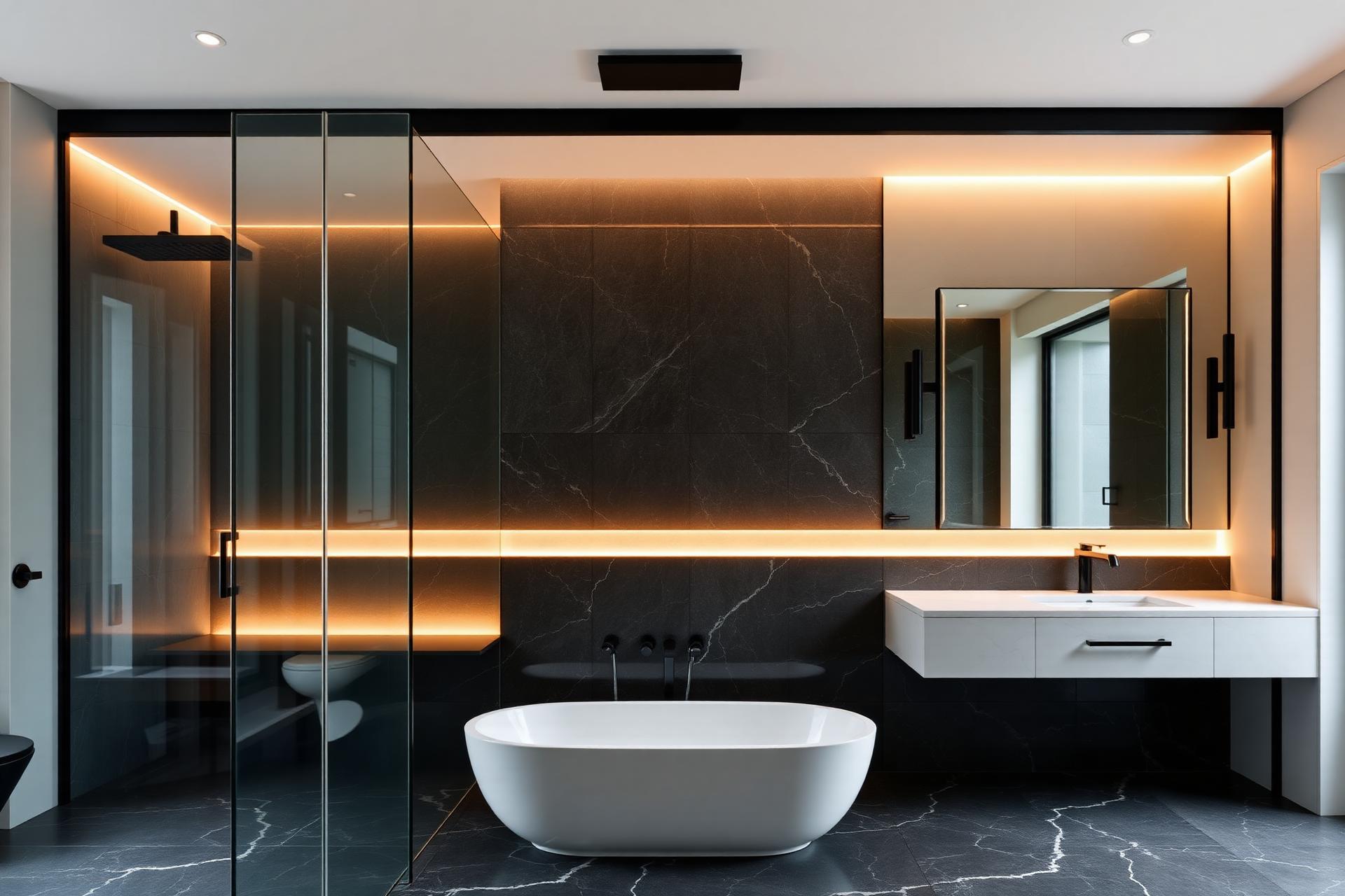 Luxury bathroom with dark charcoal marble tile and custom shower